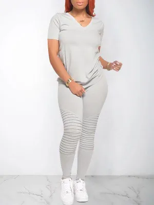 Solid V-Neck Tee & Pants Set