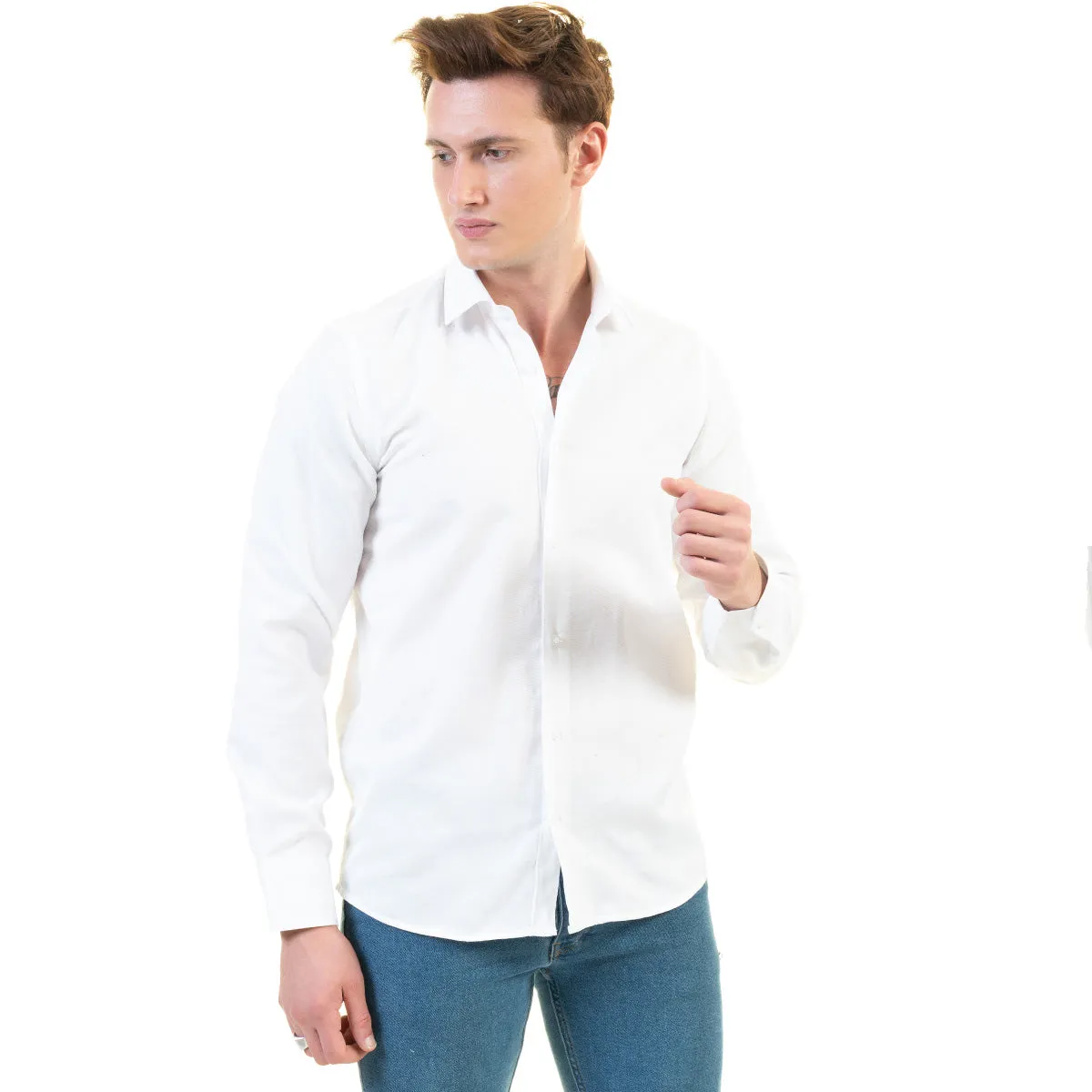 Solid White Mens Slim Fit Designer Dress Shirt - Tailored Cotton Shirts For Work And Casual