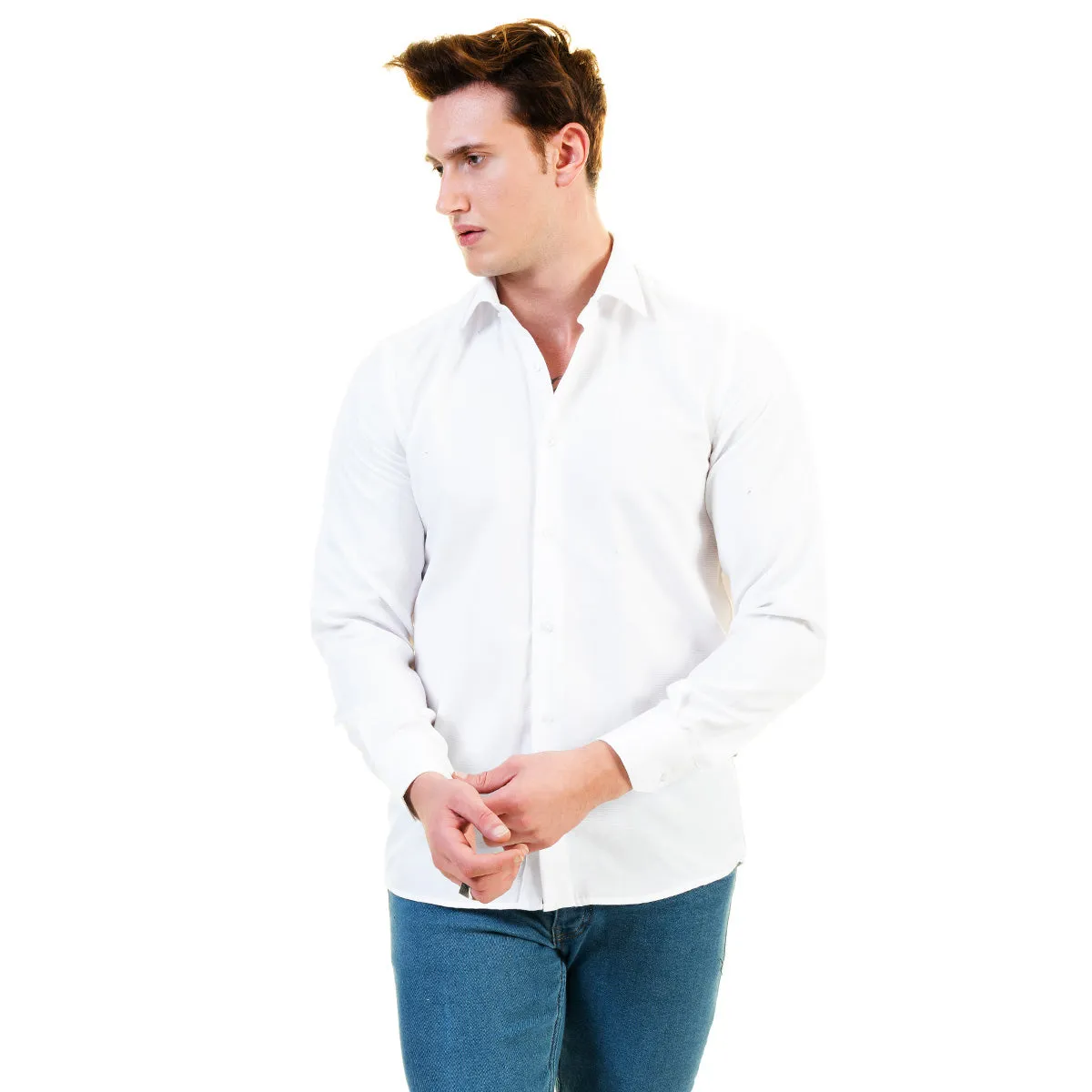 Solid White Mens Slim Fit Designer Dress Shirt - Tailored Cotton Shirts For Work And Casual