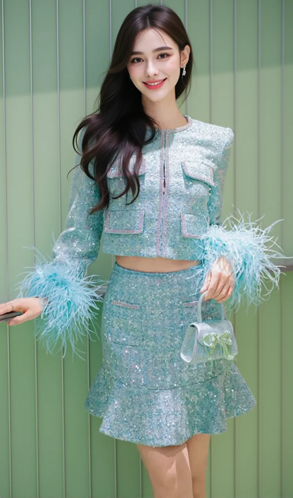 STEPHANIE BOUCLE FEATHER JACKET SUIT IN GREEN