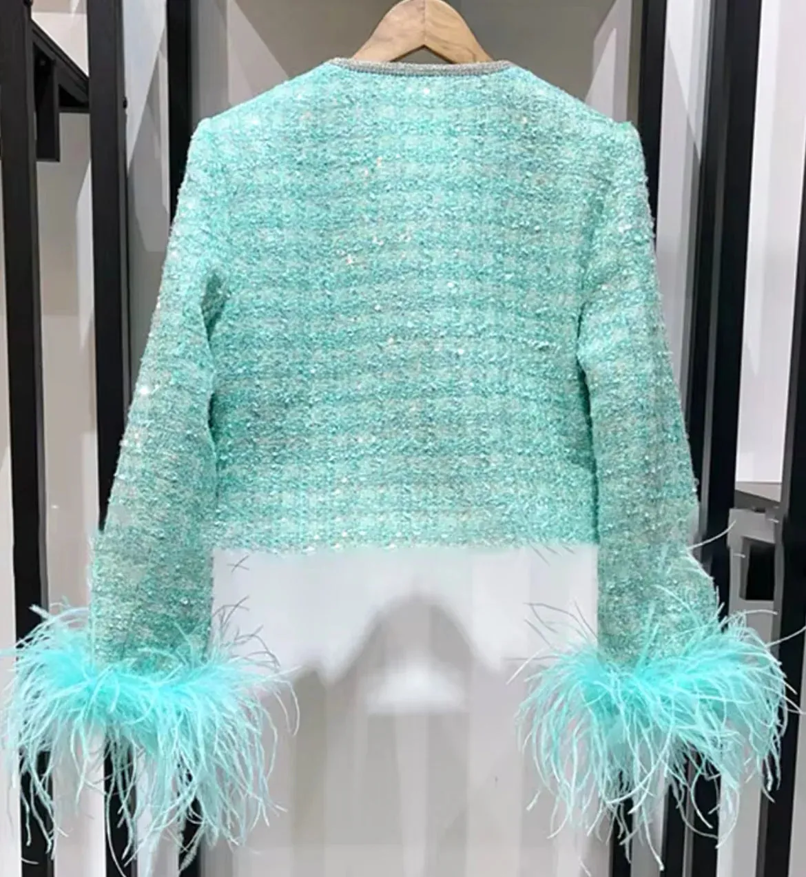 STEPHANIE BOUCLE FEATHER JACKET SUIT IN GREEN