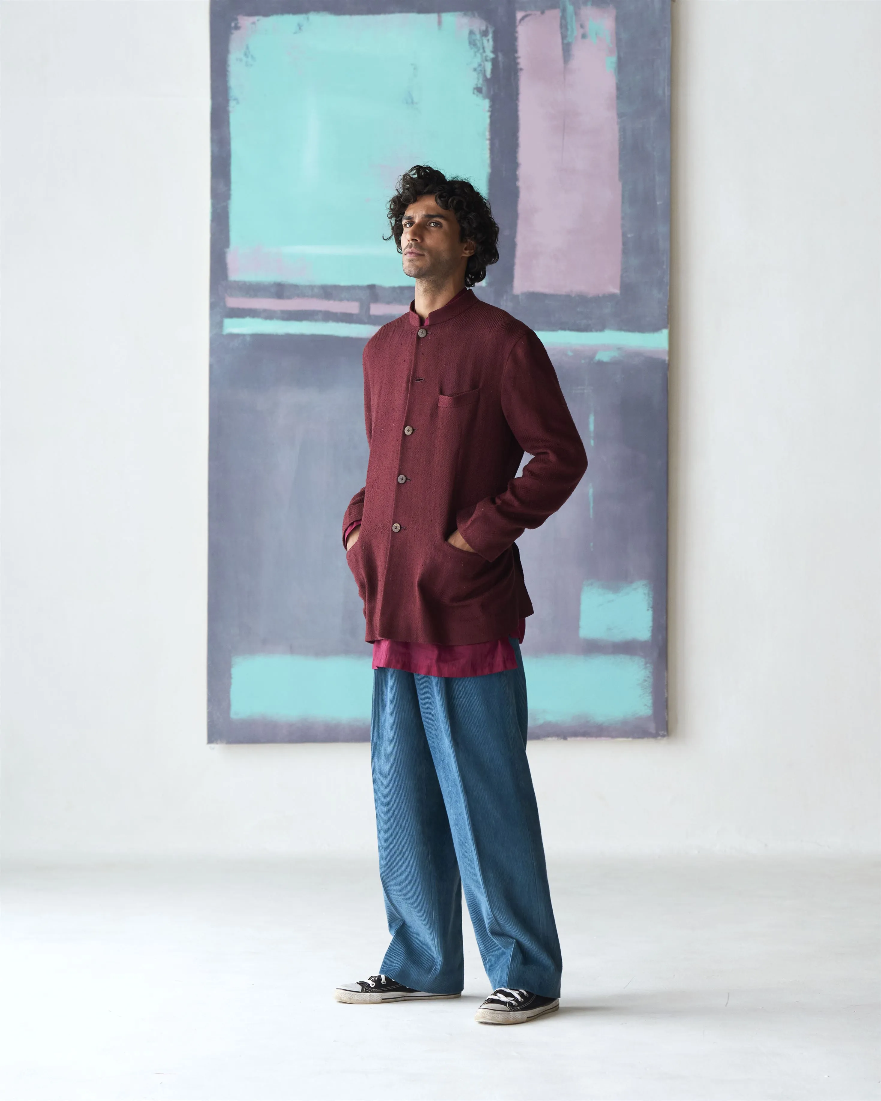 Summer Jacket Jacket Bandhgala Eri Silk Wine OW305ES112 SuketDhir