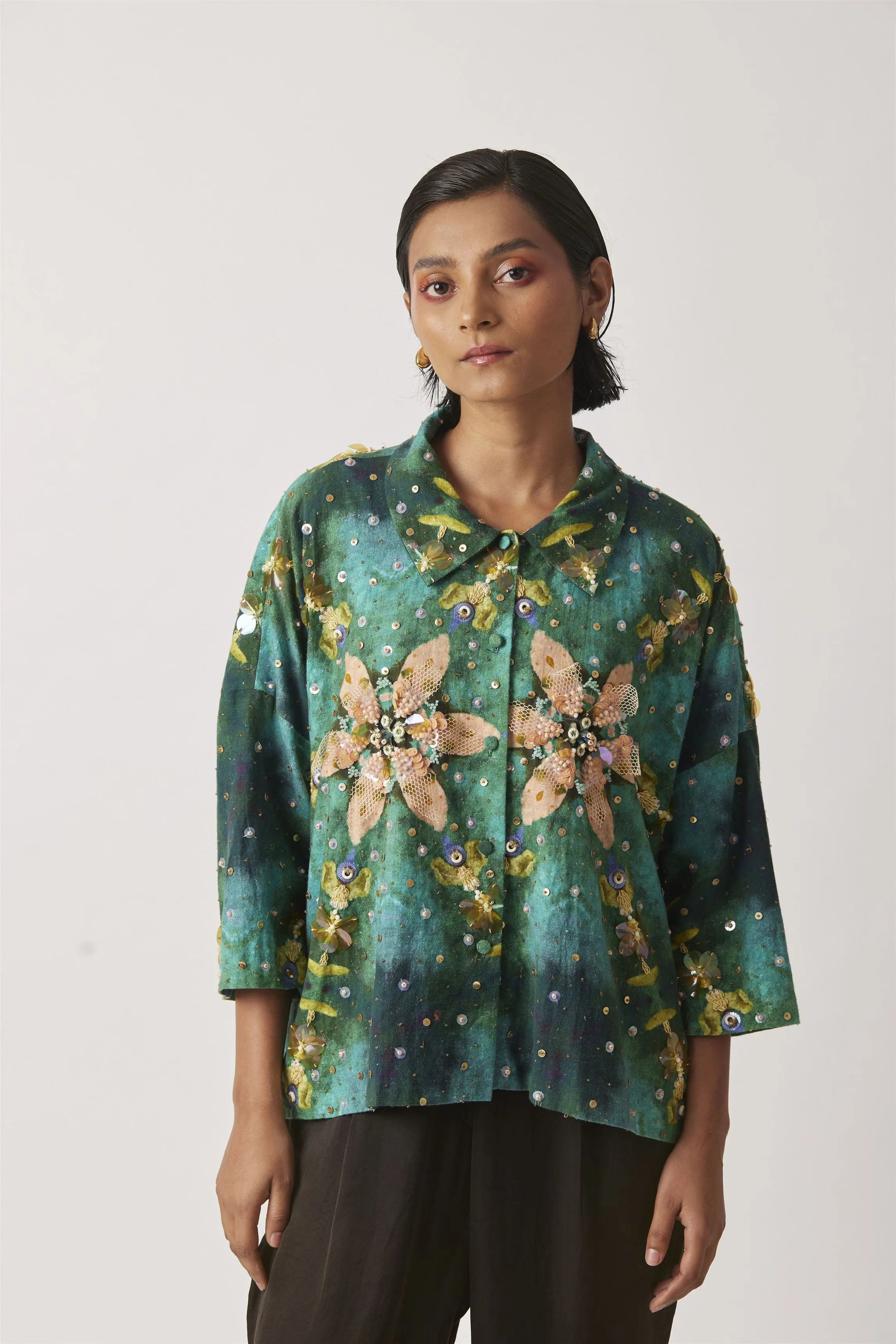 Summer Jacket Short Khadi Anigo Print Embroidery Beading-Kaleidoscope-Fashion Edit-Yc14Jkt-158 Yc14Qkp-01-Yavi