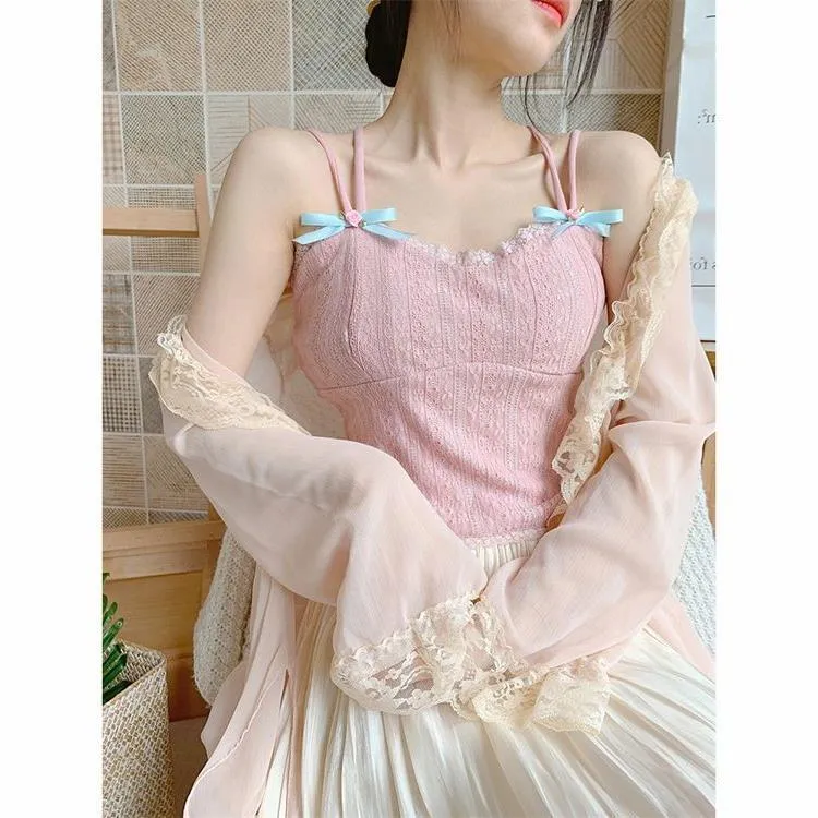 Sweet Temperament Bow Soft Lace Corset Camisole