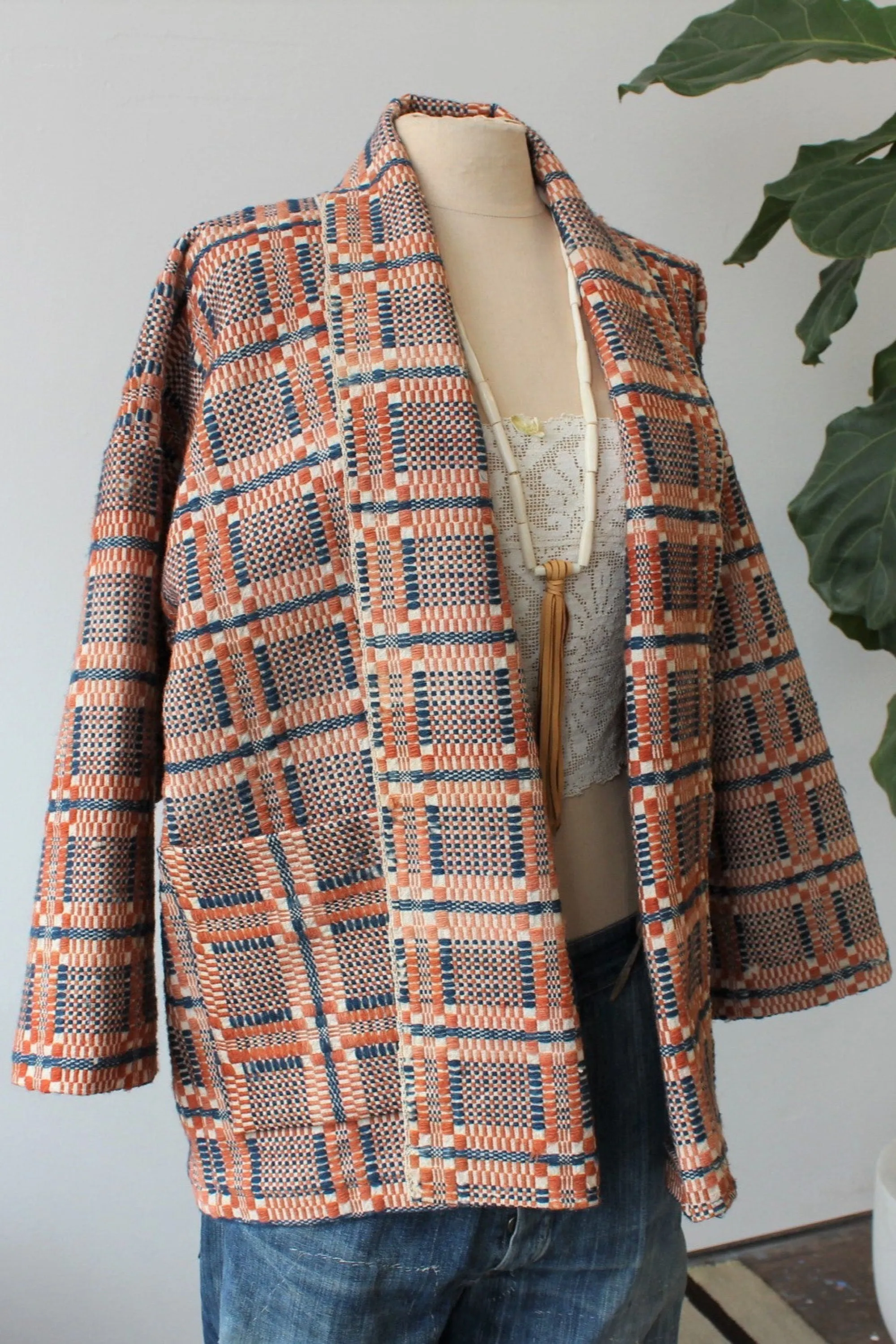 The Highlands Foundry Indigo   Orange Overshot Coverlet Coat THF138