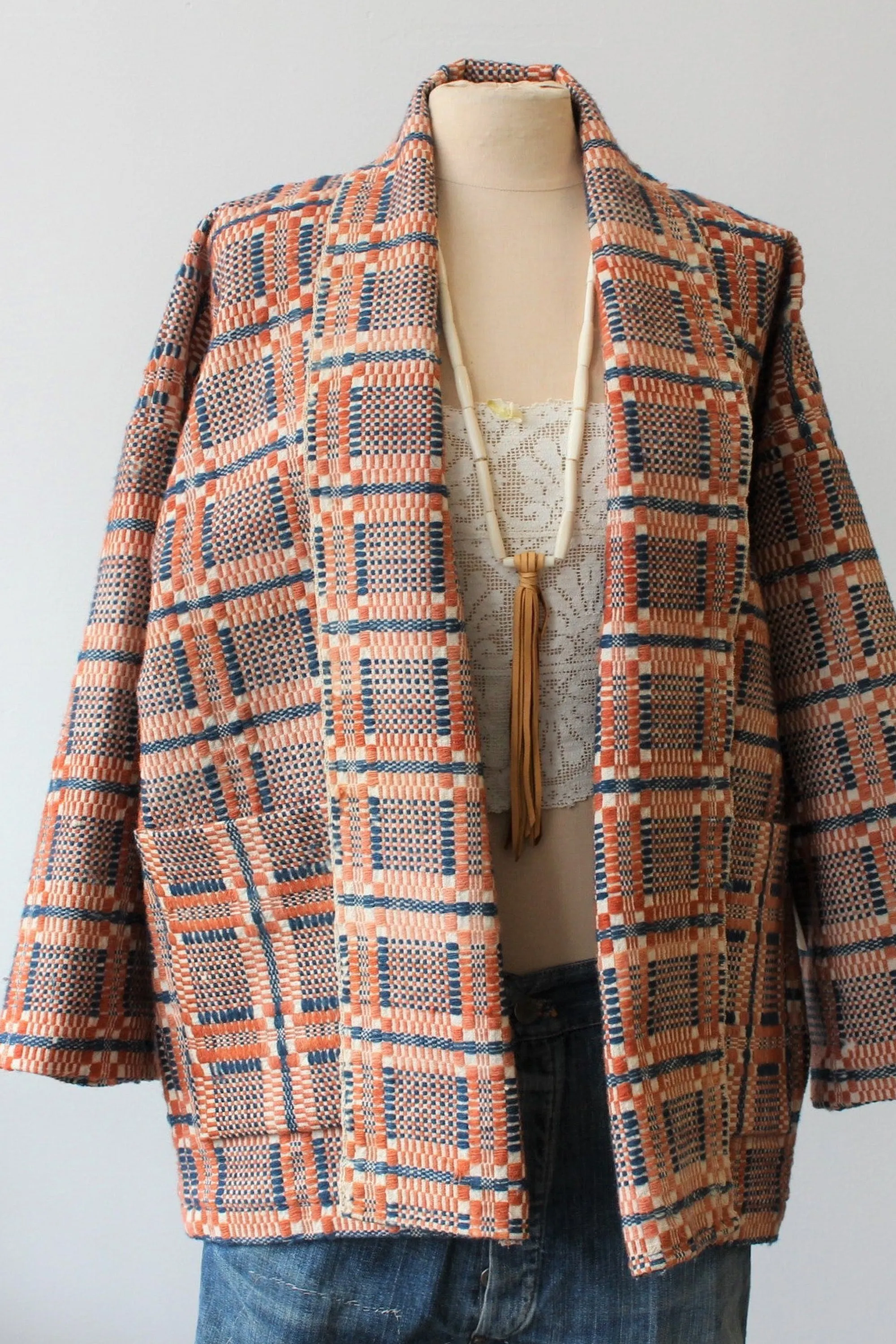 The Highlands Foundry Indigo   Orange Overshot Coverlet Coat THF138
