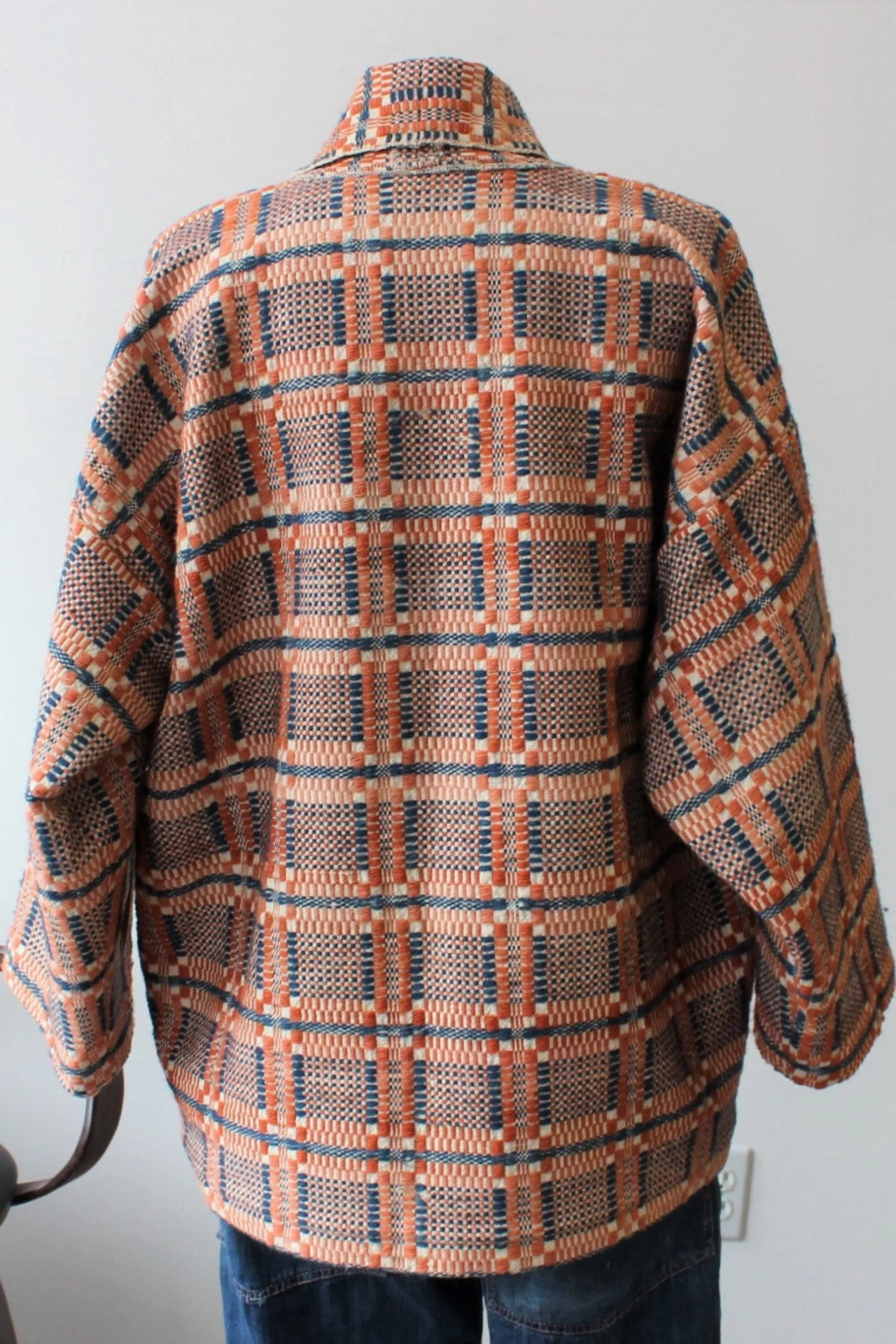 The Highlands Foundry Indigo   Orange Overshot Coverlet Coat THF138