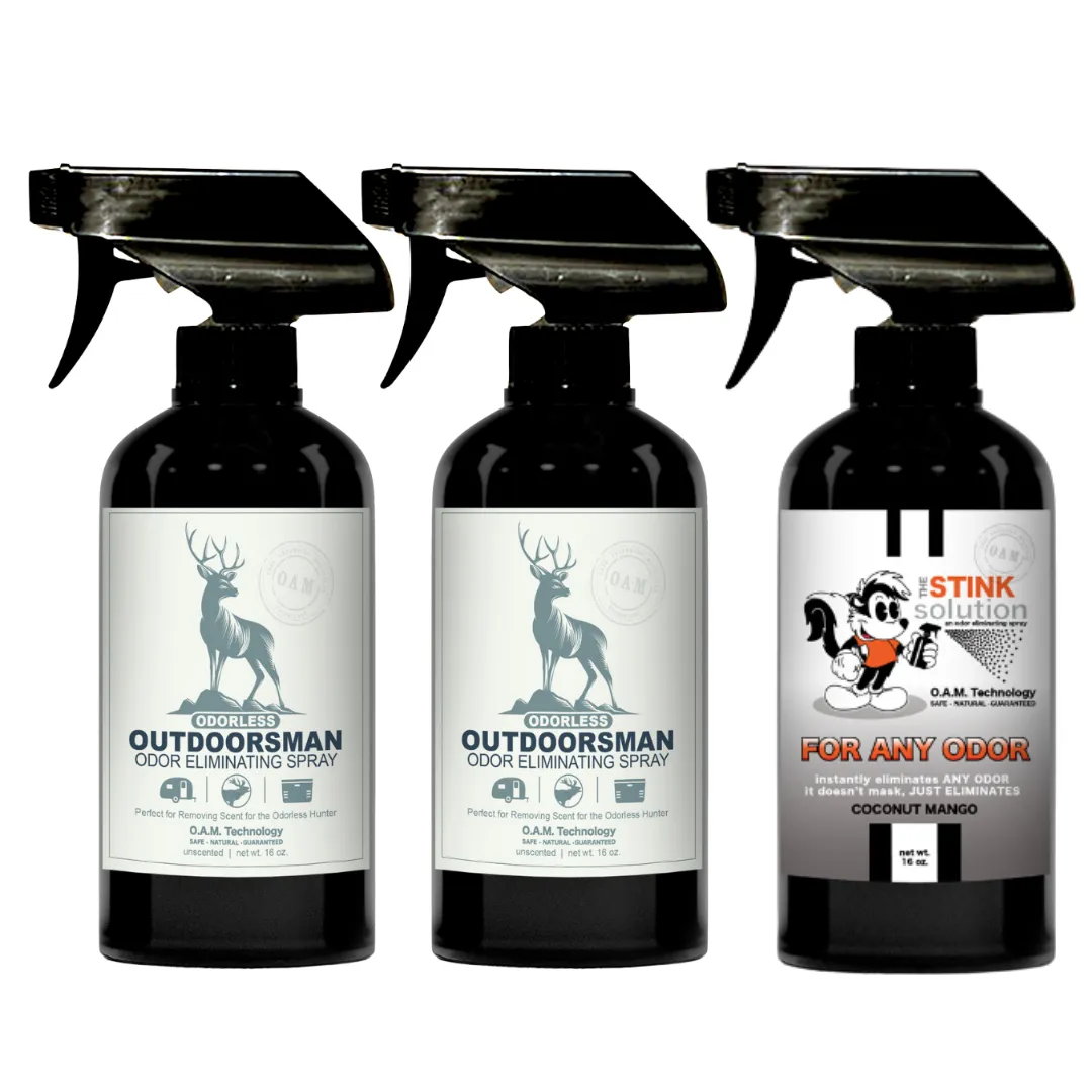 Three Pack - Two Odorless Outdoorsman Odor Eliminating Sprays   One Spray of Choice 16 oz