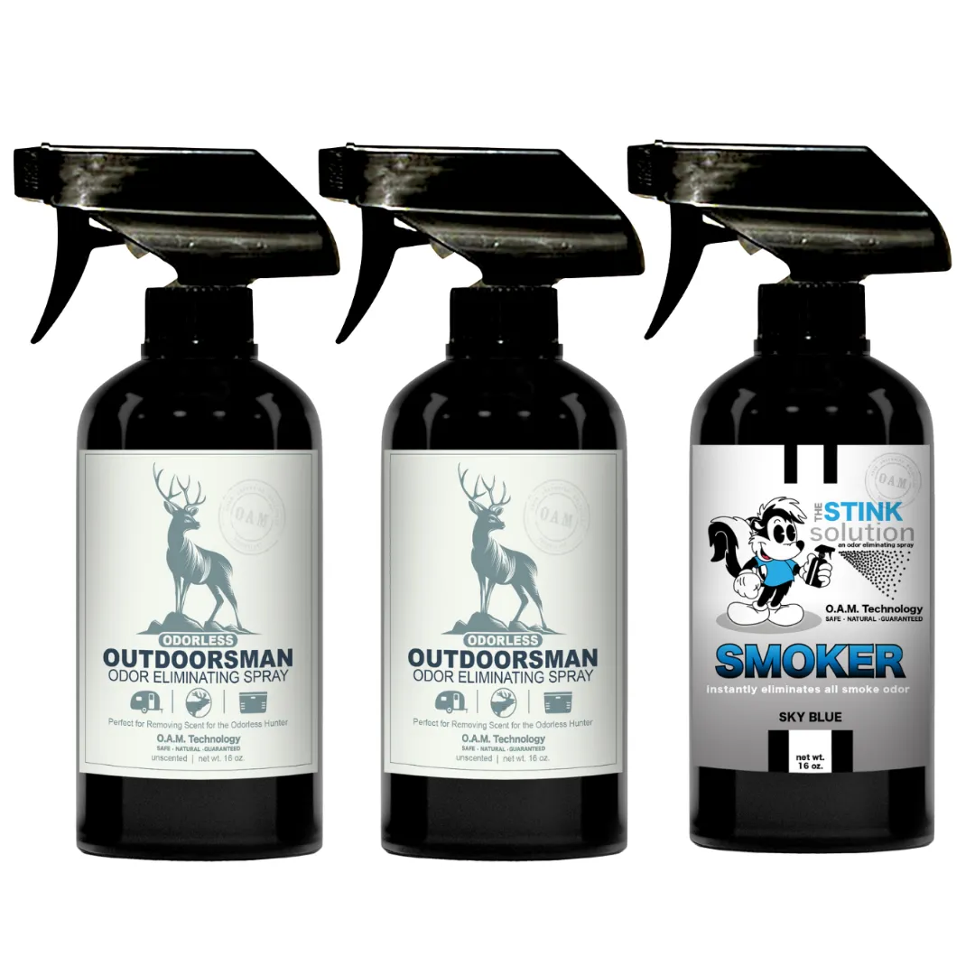 Three Pack - Two Odorless Outdoorsman Odor Eliminating Sprays   One Spray of Choice 16 oz
