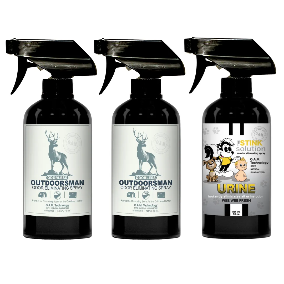 Three Pack - Two Odorless Outdoorsman Odor Eliminating Sprays   One Spray of Choice 16 oz