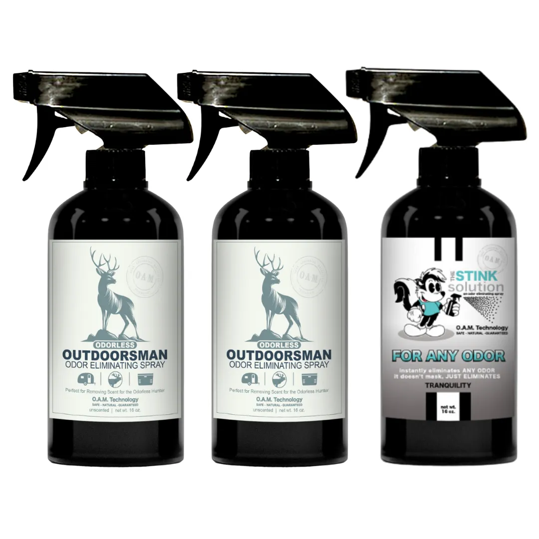 Three Pack - Two Odorless Outdoorsman Odor Eliminating Sprays   One Spray of Choice 16 oz