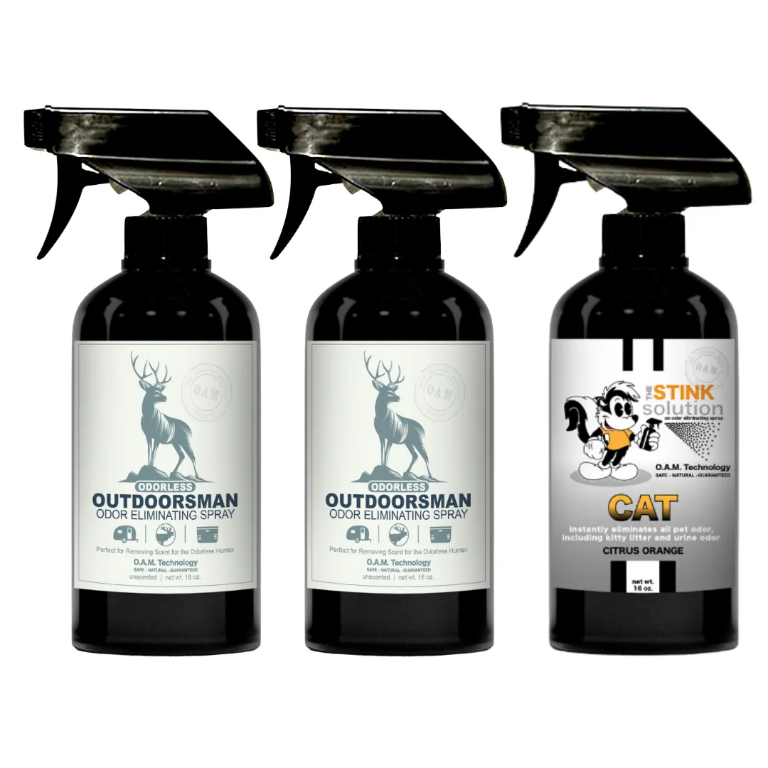 Three Pack - Two Odorless Outdoorsman Odor Eliminating Sprays   One Spray of Choice 16 oz