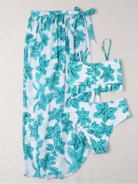 Three-piece Floral Front Bikini Beach Dress
