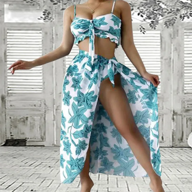 Three-piece Floral Front Bikini Beach Dress