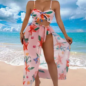 Three-piece Floral Front Bikini Beach Dress