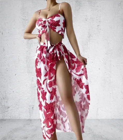 Three-piece Floral Front Bikini Beach Dress