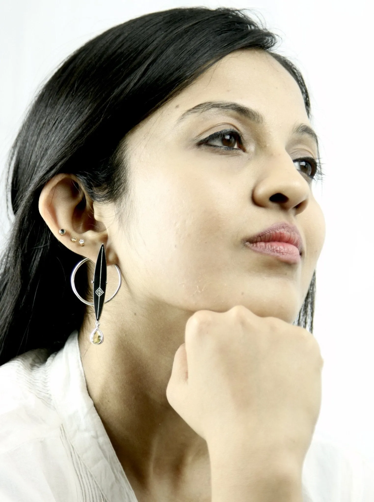 Unique, front-back, detachable jacket earrings with a stone drop