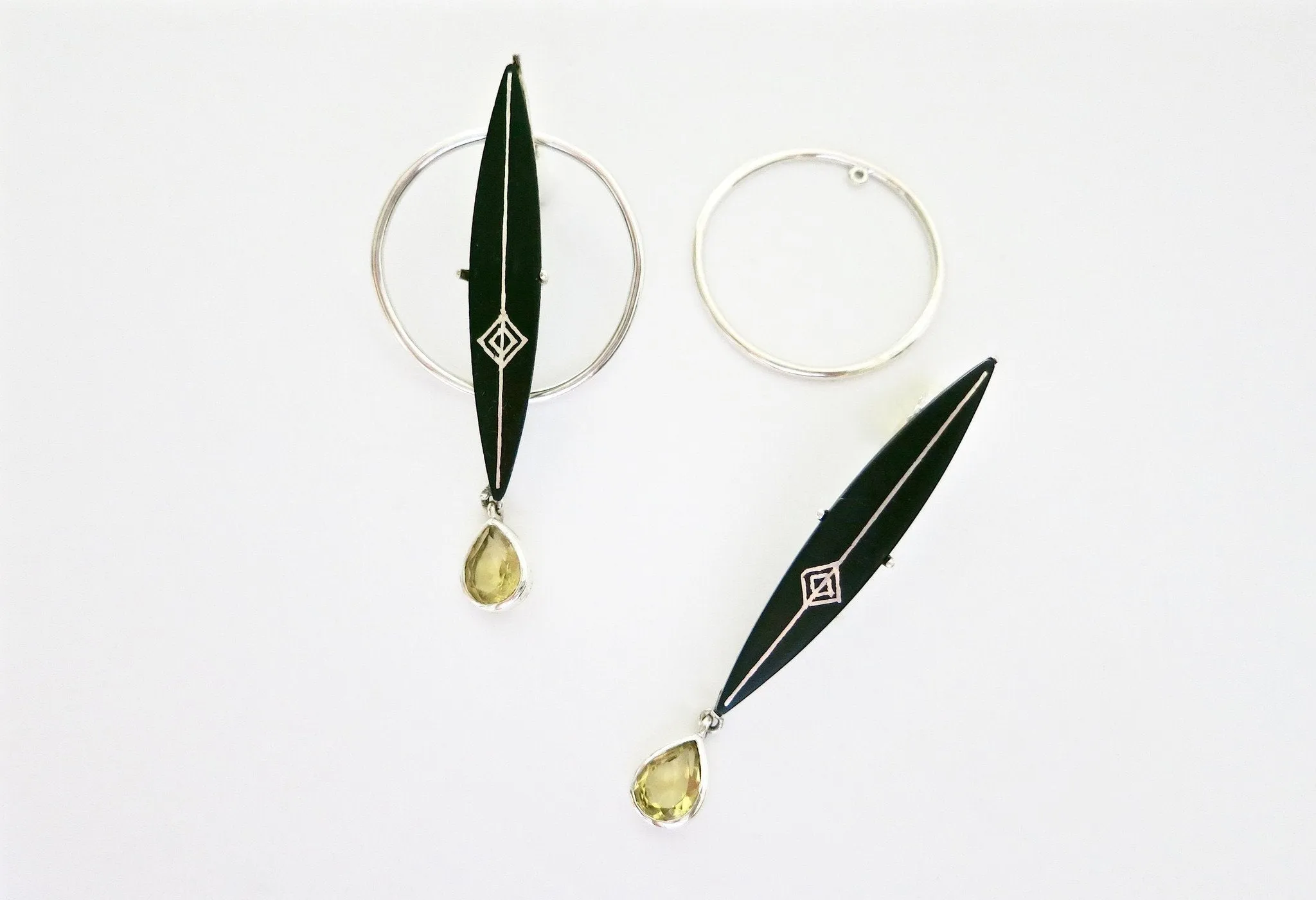 Unique, front-back, detachable jacket earrings with a stone drop