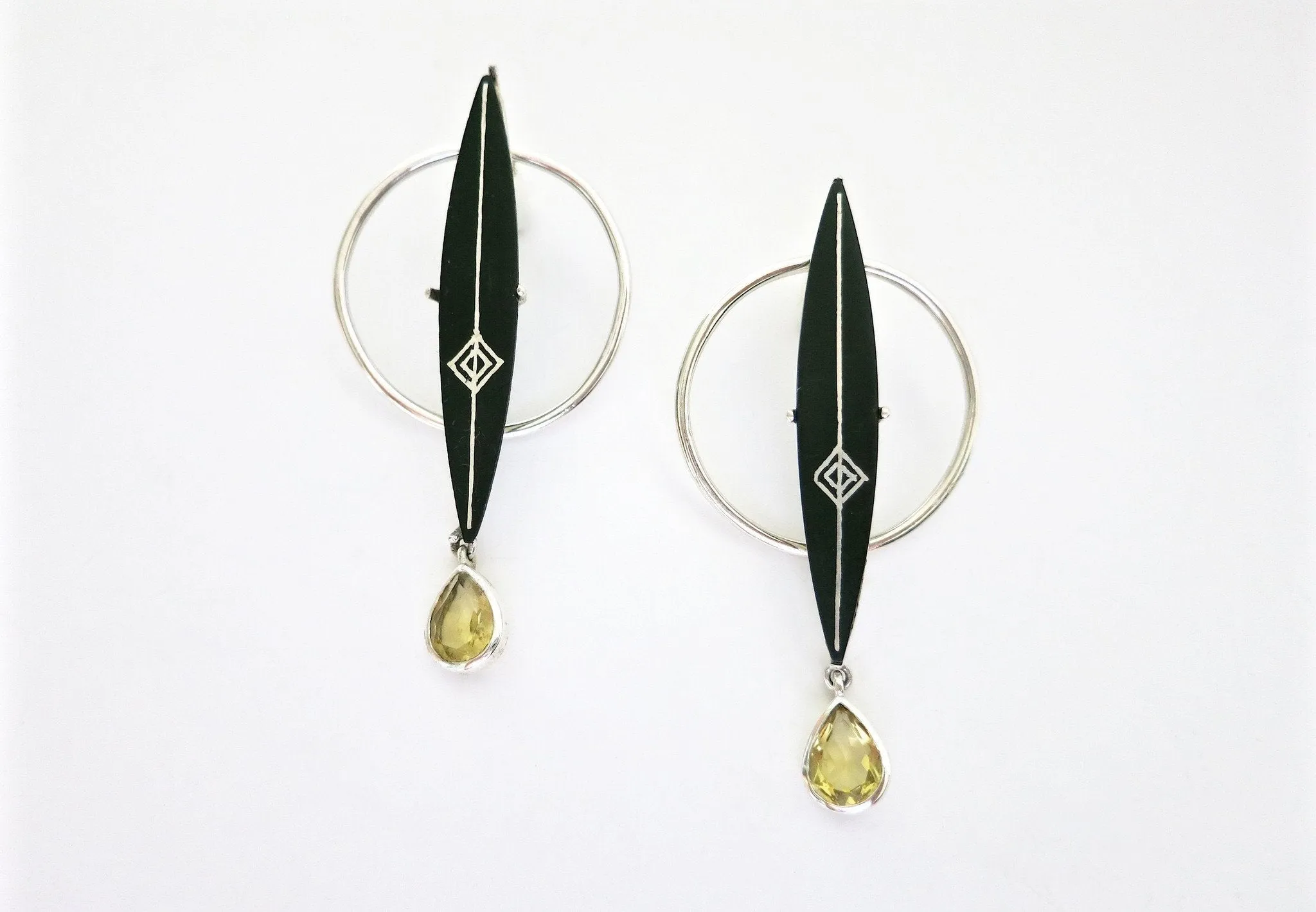 Unique, front-back, detachable jacket earrings with a stone drop