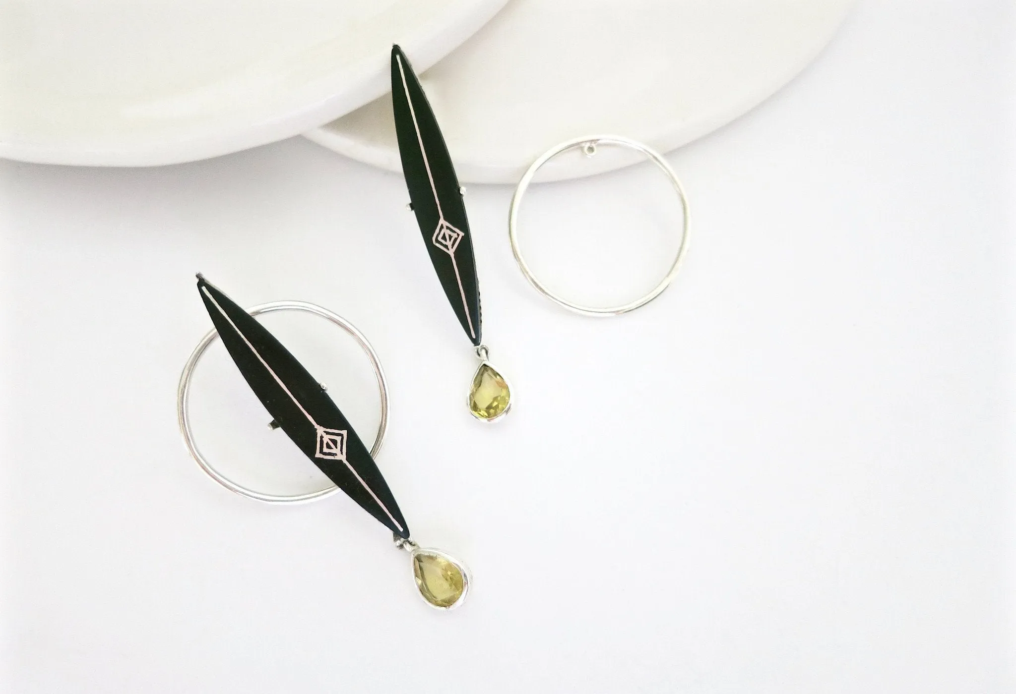 Unique, front-back, detachable jacket earrings with a stone drop