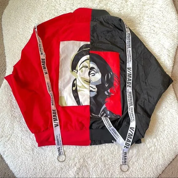 V-made Bomber Style Windbreaker Black Red Jacket Medium