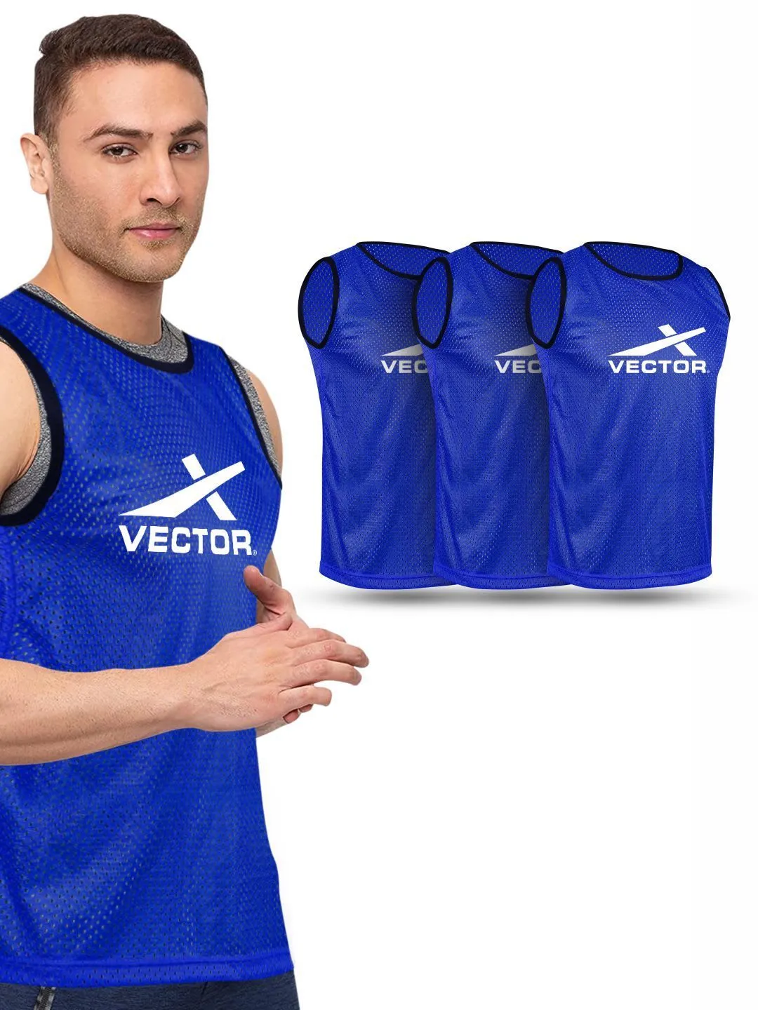 Vector X Training Bibs for Football Soccer Basketball Volleyball for Track and Field Play (BLUE)-Pack of 3