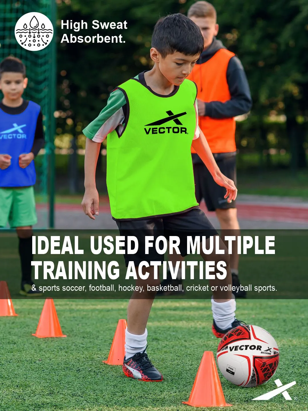 Vector X Training Bibs for Football Soccer Basketball Volleyball for Track and Field Play (GREEN)-Pack of 3