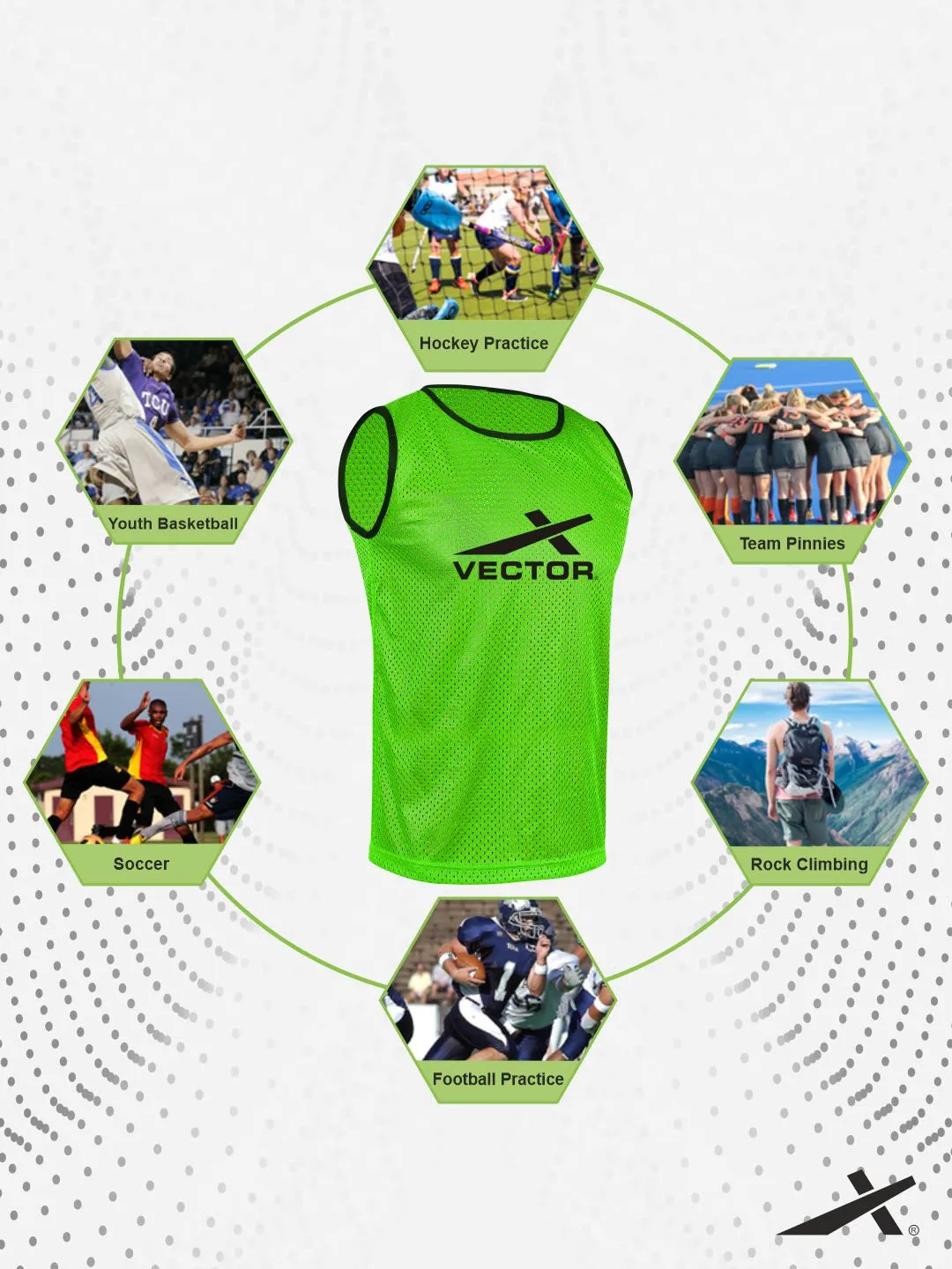 Vector X Training Bibs for Football Soccer Basketball Volleyball for Track and Field Play (GREEN)-Pack of 3