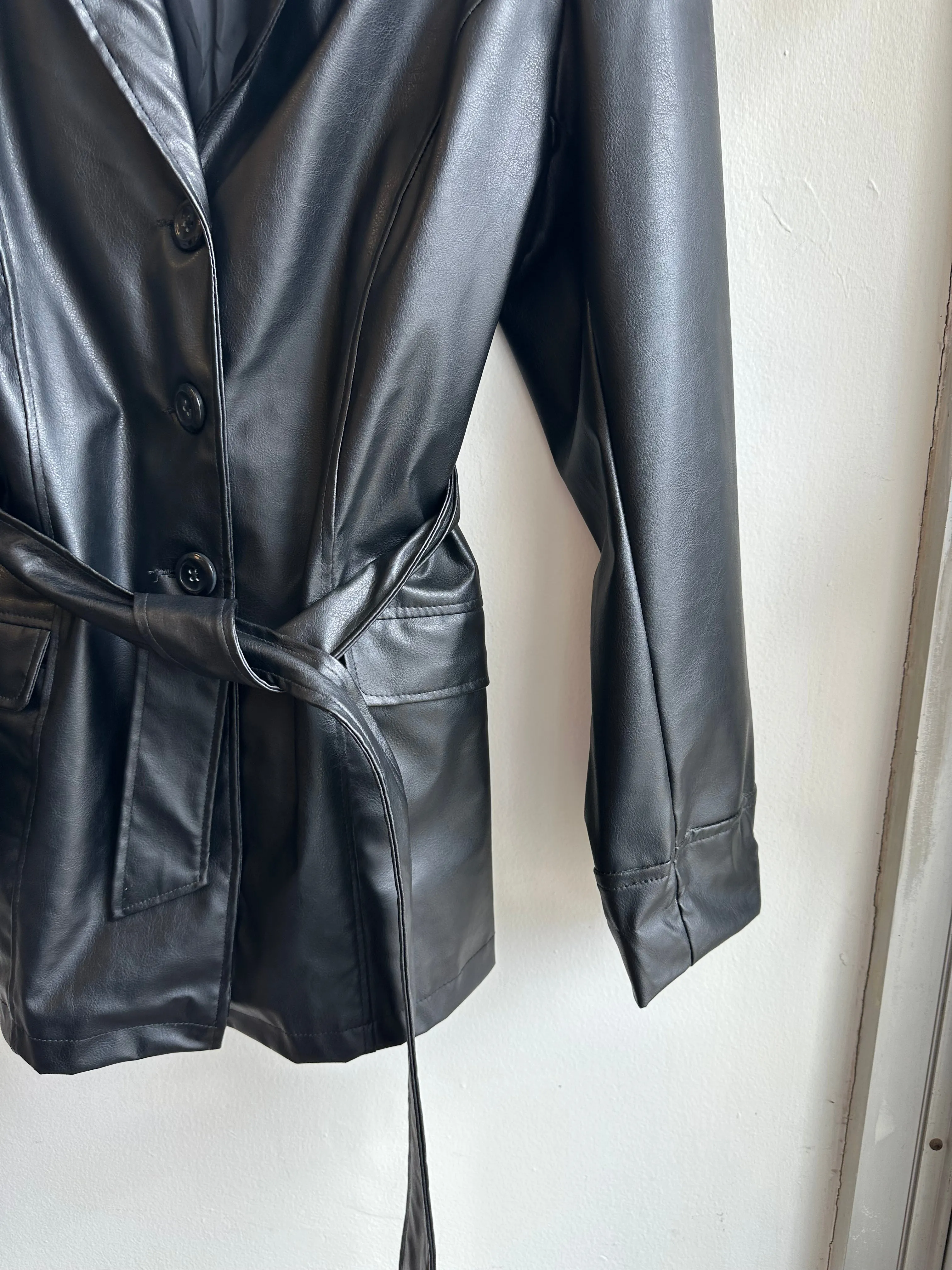 Vintage 90s Button Up Leather Jacket with Tie at Waist