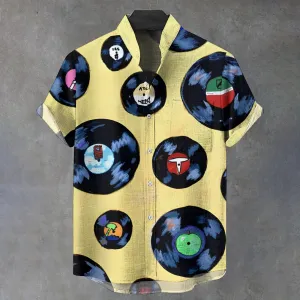 Vinyl Record Music Linen Stand Collar Short Sleeve Shirt 2409010208