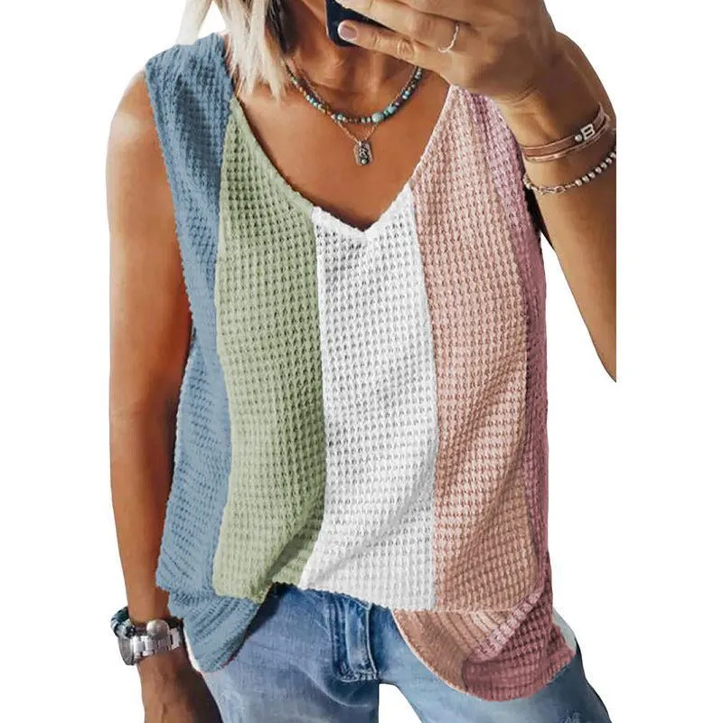 Waffle Contrast Color Top Women's Sleeveless Vest Women