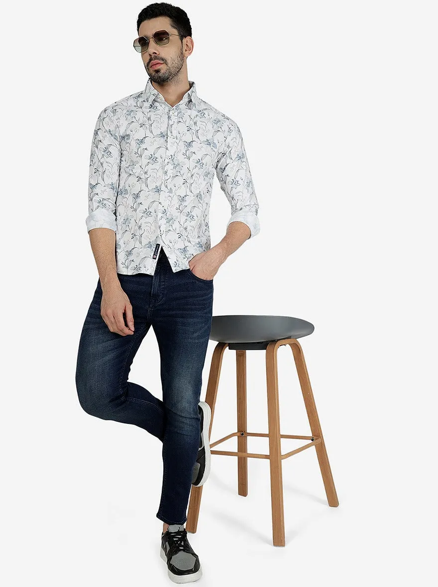 White Printed Slim Fit Casual Shirt | Greenfibre