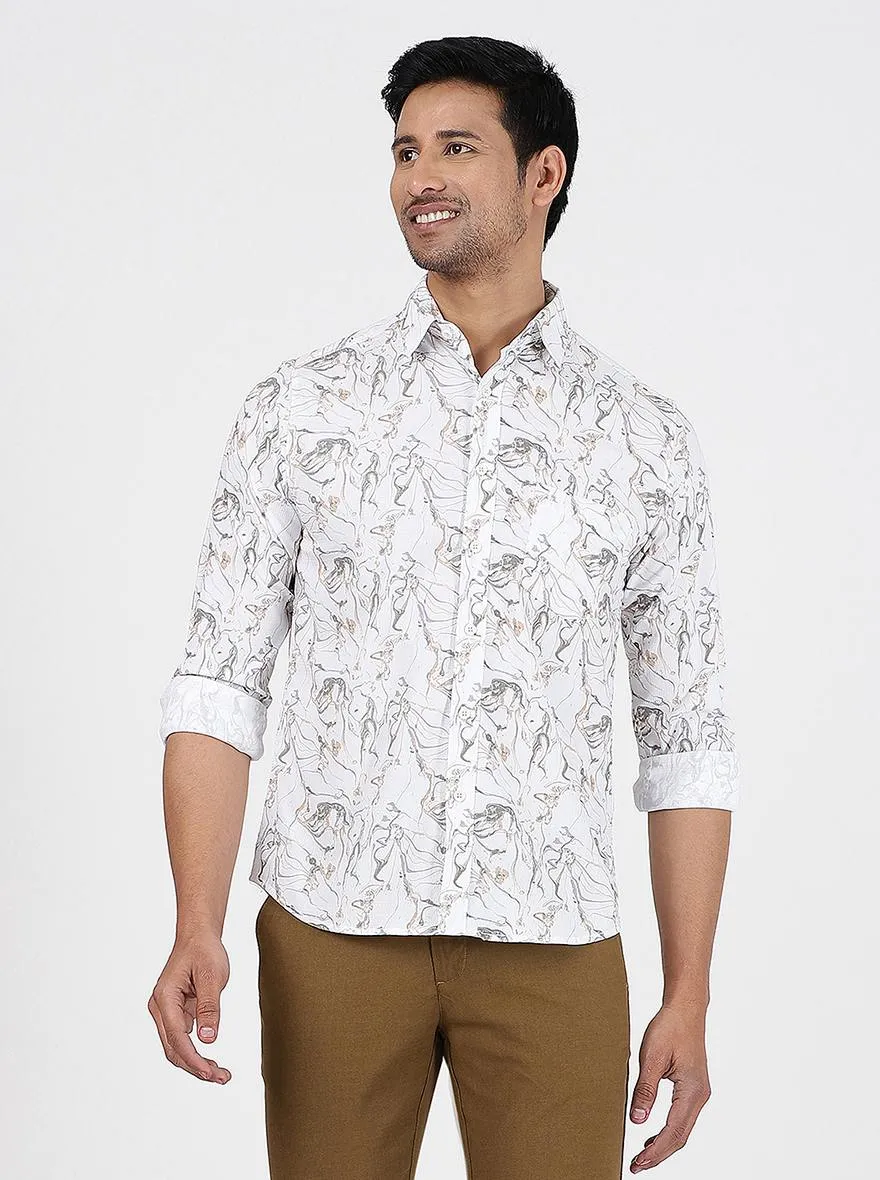 White Printed Slim Fit Casual Shirt | Greenfibre