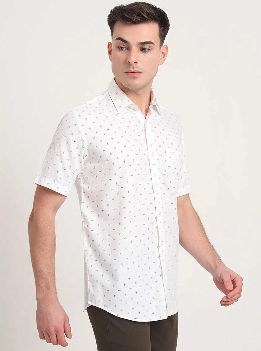 White Printed Slim Fit Semi Casual Shirt | JadeBlue