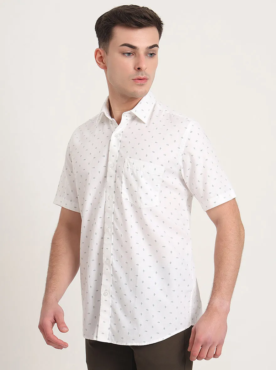 White Printed Slim Fit Semi Casual Shirt | JadeBlue