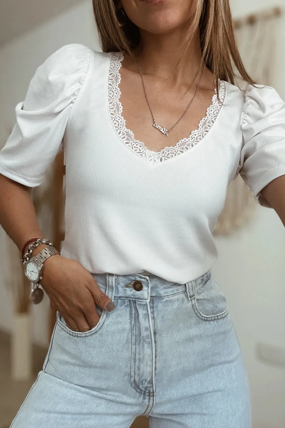 White Ribbed Knit Lace Splicing V Neck Puff Half Sleeve Slim T Shirt