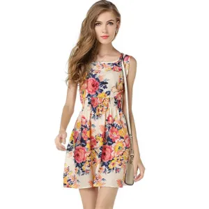 Women casual Bohemian floral flower sleeveless vest printed beach chiffon top dress S092