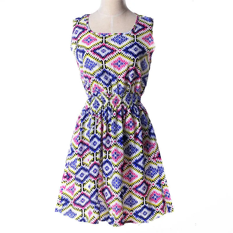Women casual Bohemian floral flower sleeveless vest printed beach chiffon top dress S092