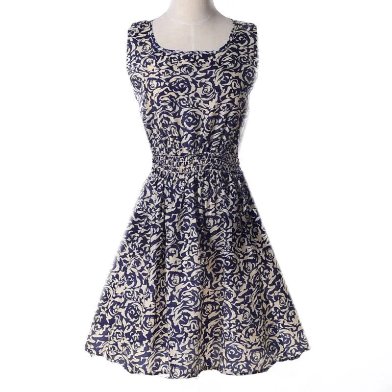 Women casual Bohemian floral flower sleeveless vest printed beach chiffon top dress S092