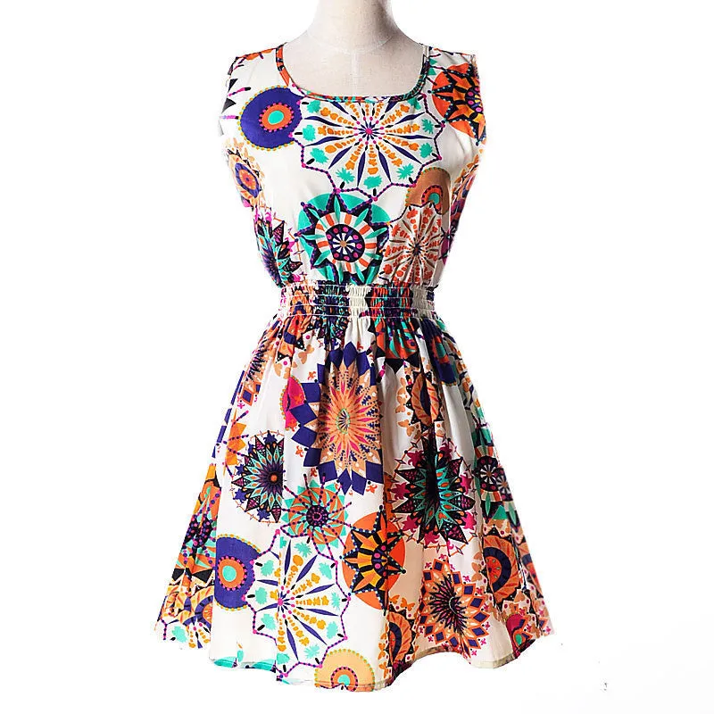Women casual Bohemian floral flower sleeveless vest printed beach chiffon top dress S092