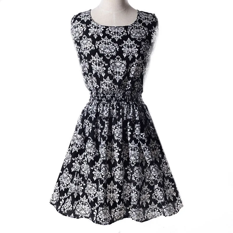 Women casual Bohemian floral flower sleeveless vest printed beach chiffon top dress S092