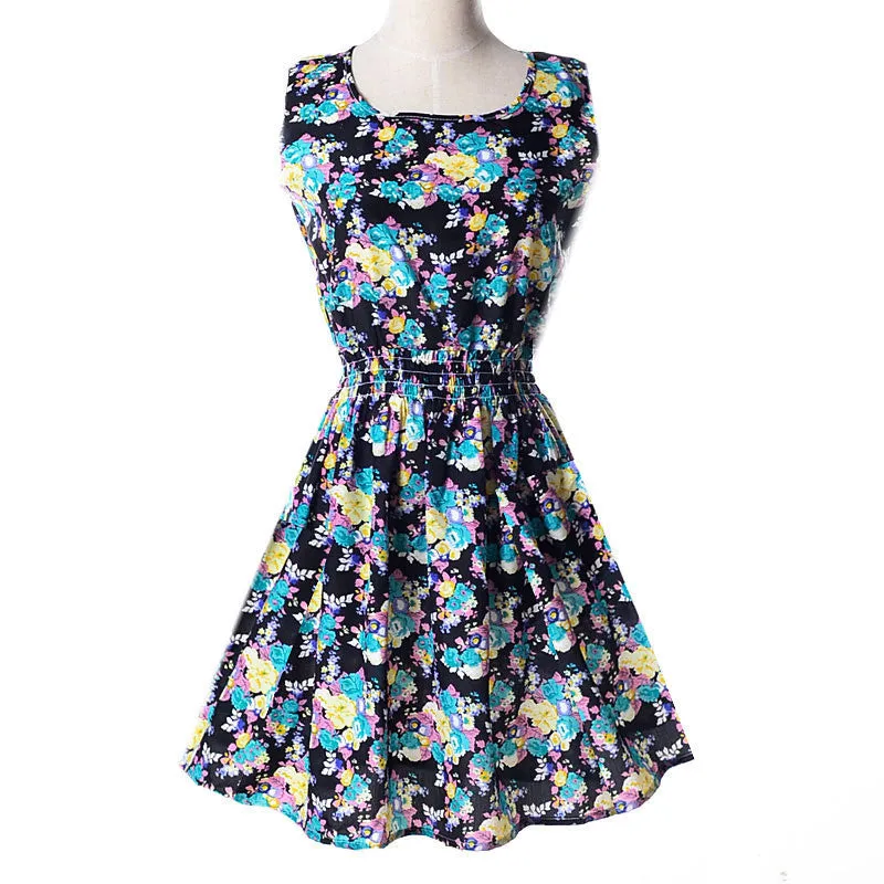 Women casual Bohemian floral flower sleeveless vest printed beach chiffon top dress S092