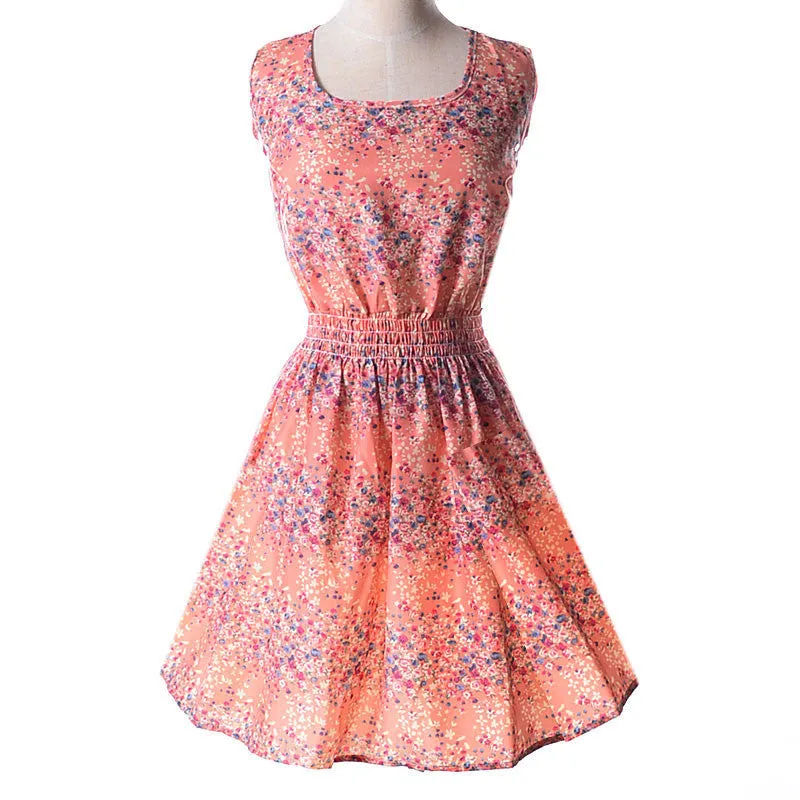 Women casual Bohemian floral flower sleeveless vest printed beach chiffon top dress S092