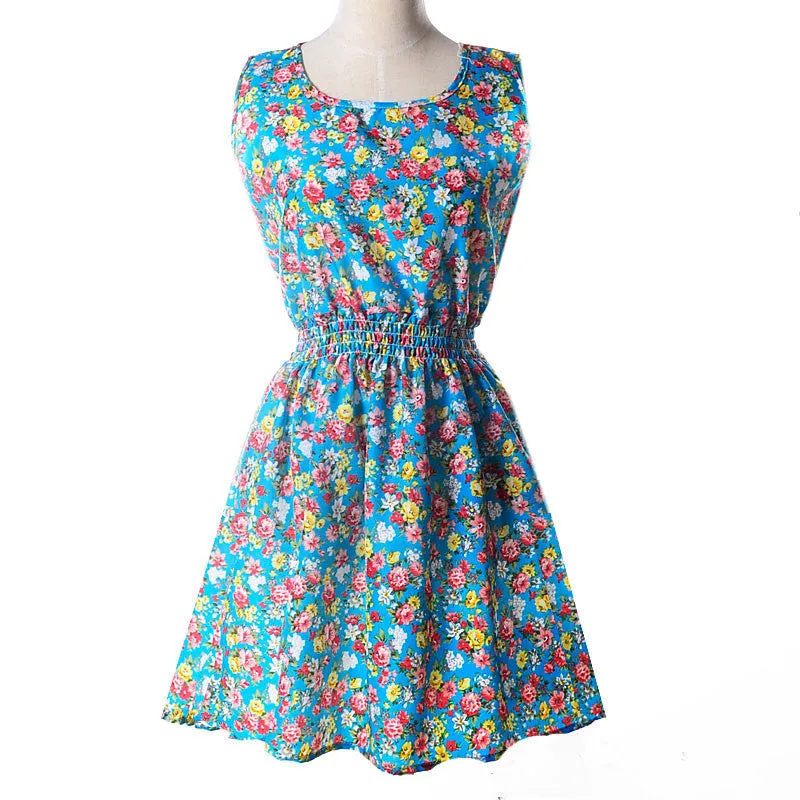 Women casual Bohemian floral flower sleeveless vest printed beach chiffon top dress S092