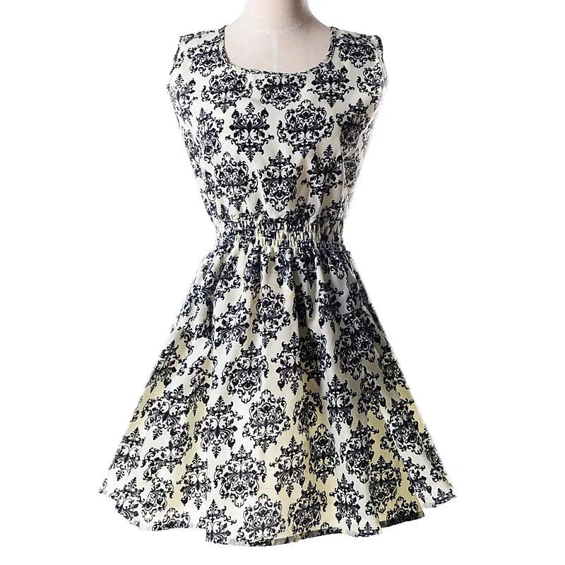 Women casual Bohemian floral flower sleeveless vest printed beach chiffon top dress S092