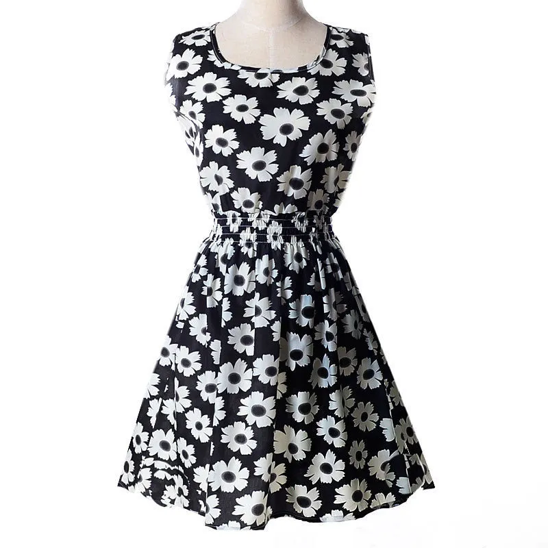 Women casual Bohemian floral flower sleeveless vest printed beach chiffon top dress S092