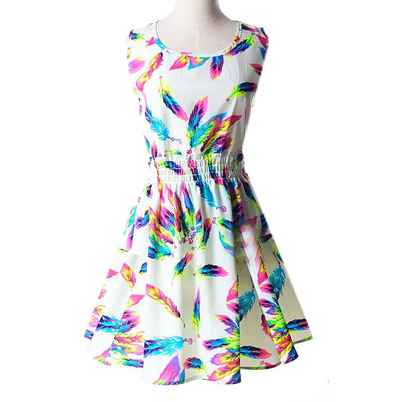 Women casual Bohemian floral flower sleeveless vest printed beach chiffon top dress S092
