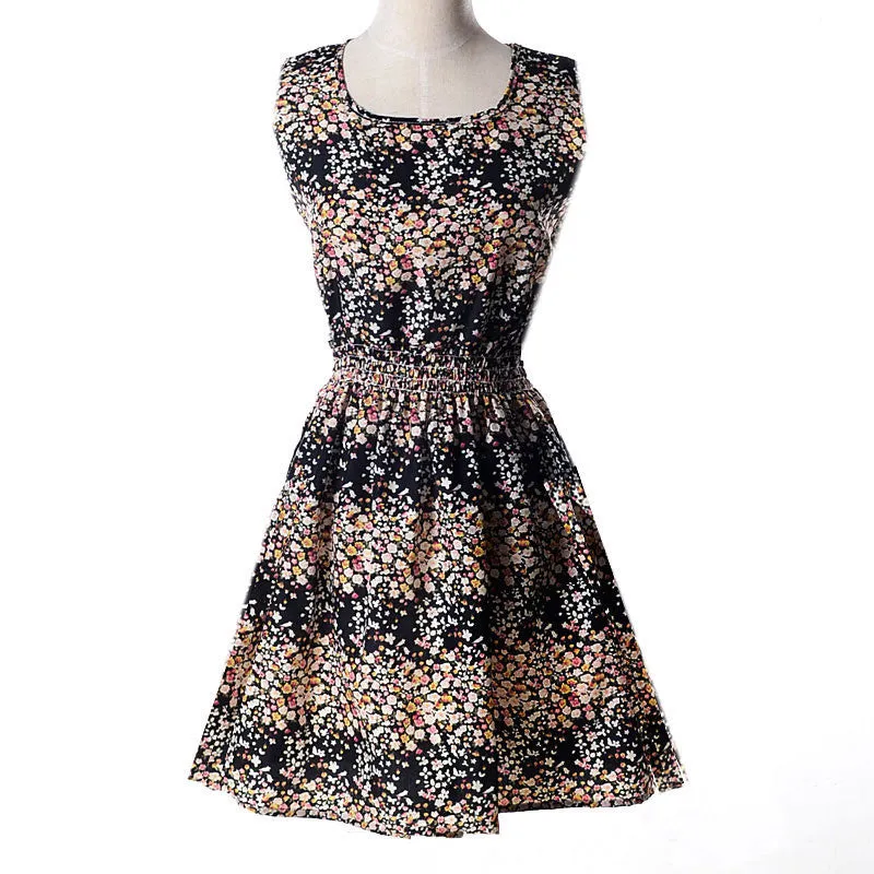 Women casual Bohemian floral flower sleeveless vest printed beach chiffon top dress S092