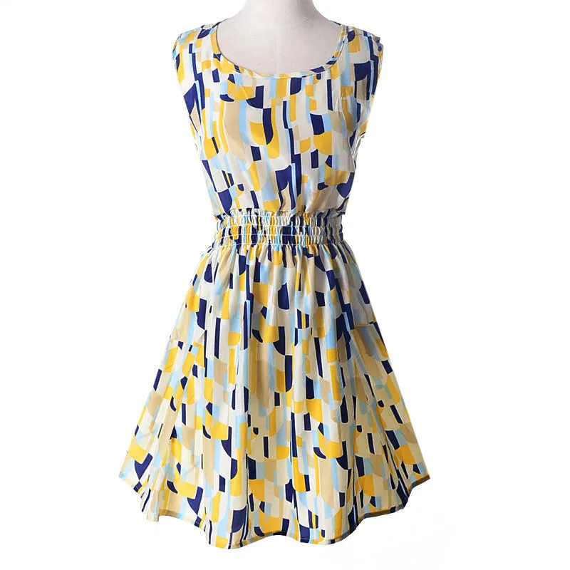 Women casual Bohemian floral flower sleeveless vest printed beach chiffon top dress S092