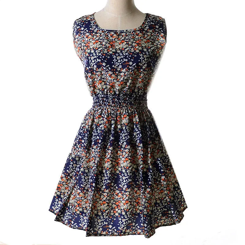 Women casual Bohemian floral flower sleeveless vest printed beach chiffon top dress S092